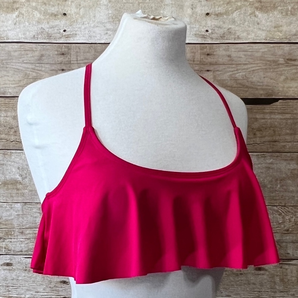 Hot Pink Flounce Ruffle Bikini Top Strappy Lattice Back Swim Separate Womens - Picture 2 of 9